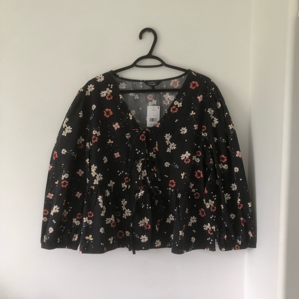 BNWT George Floral Tie Front Peplum Blouse 100% Cotton | Size XL